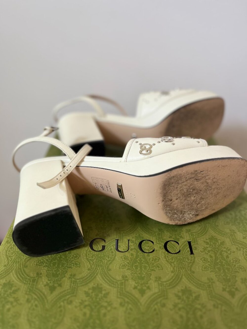 Gucci Mystic White Leather Platform Sandals GG Studded Block Heel Size 39 Box & - Picture 5 of 9